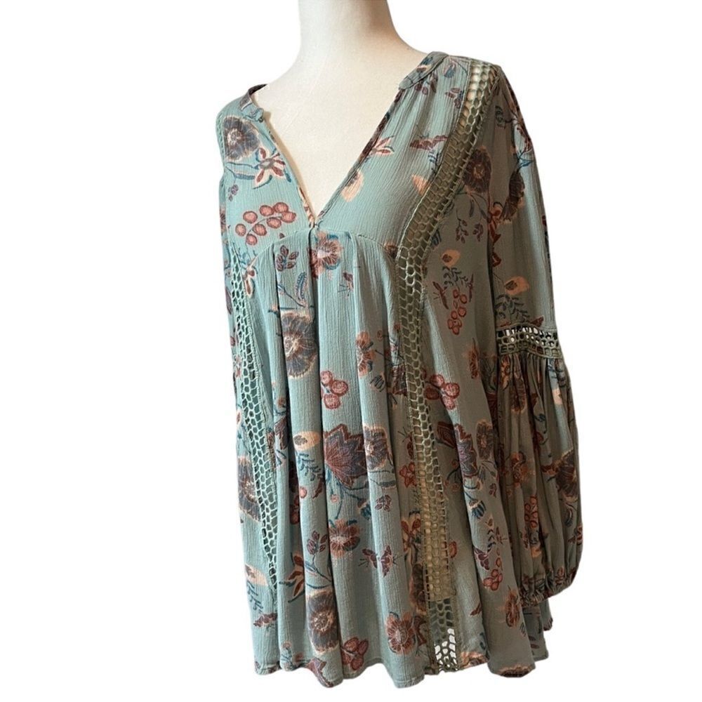 FREE PEOPLE Cottage Core floral 'Flow My Way' Mint V-Neck Tunic extra small - Picture 3 of 8
